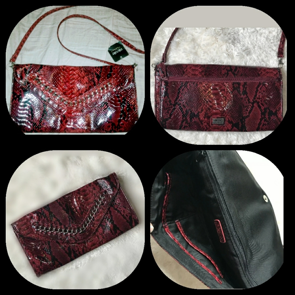 Nicole Miller Red Snake Print Crossbody Purse